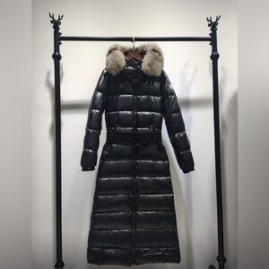 Black Long Gloss Quilted Down Coat with Fur-Trim Hood